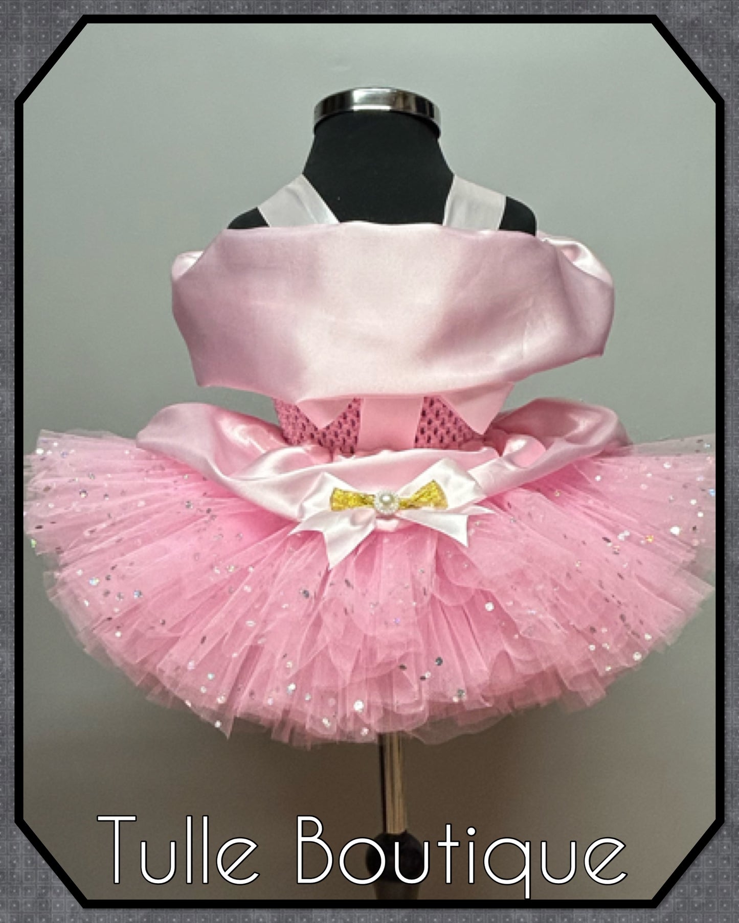 Girls Minnie Mouse gold glitter baby pink polka dot ballgown tutu dress