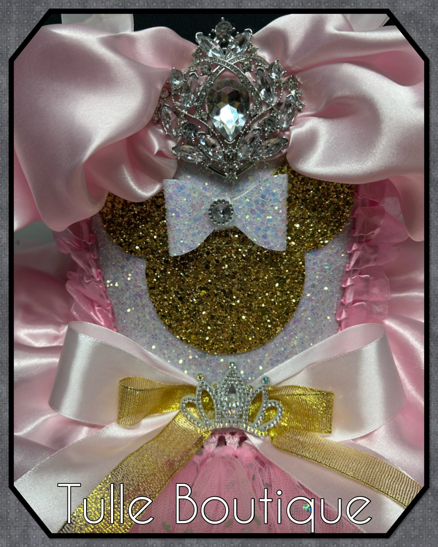 Girls Minnie Mouse gold glitter baby pink polka dot ballgown tutu dress