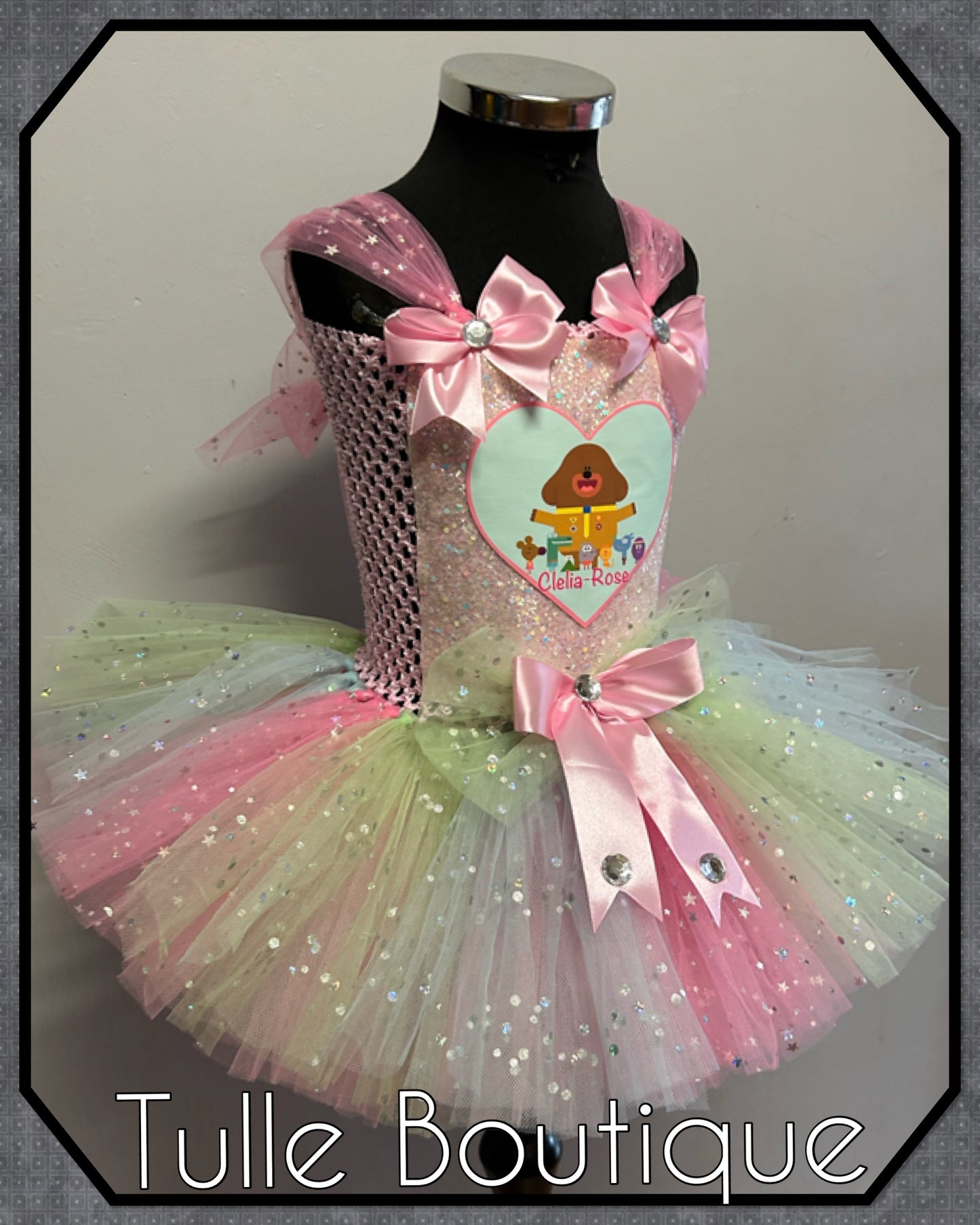 Girls Hey Duggee pastel rainbow birthday party tutu dress