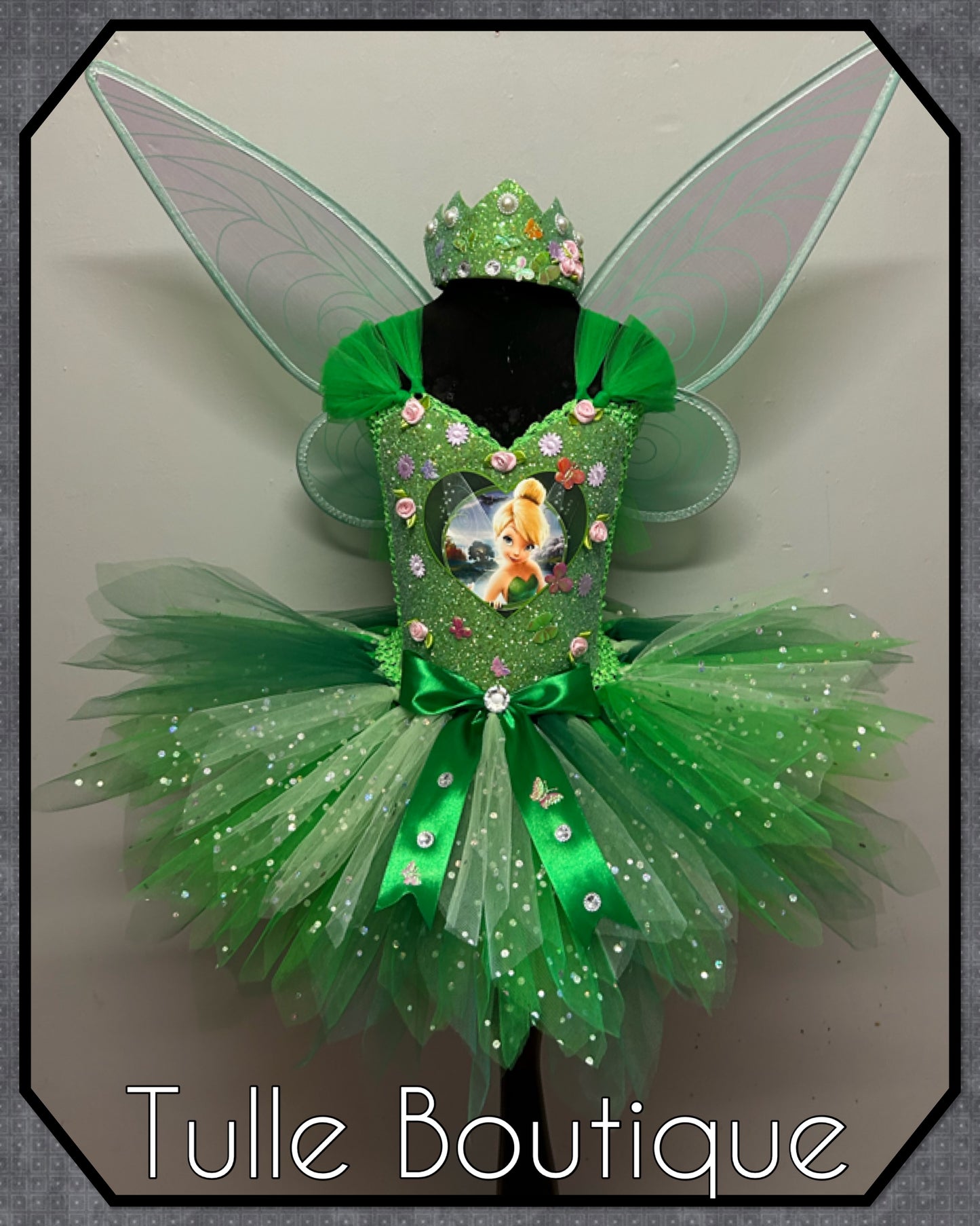 Girls Tinkerbell green fairy princess tutu birthday party dress