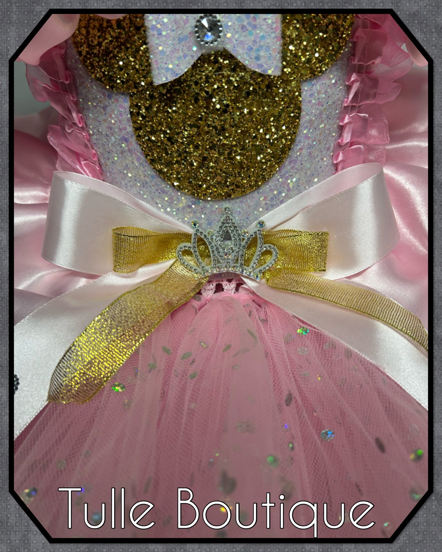 Girls Minnie Mouse gold glitter baby pink polka dot ballgown tutu dress