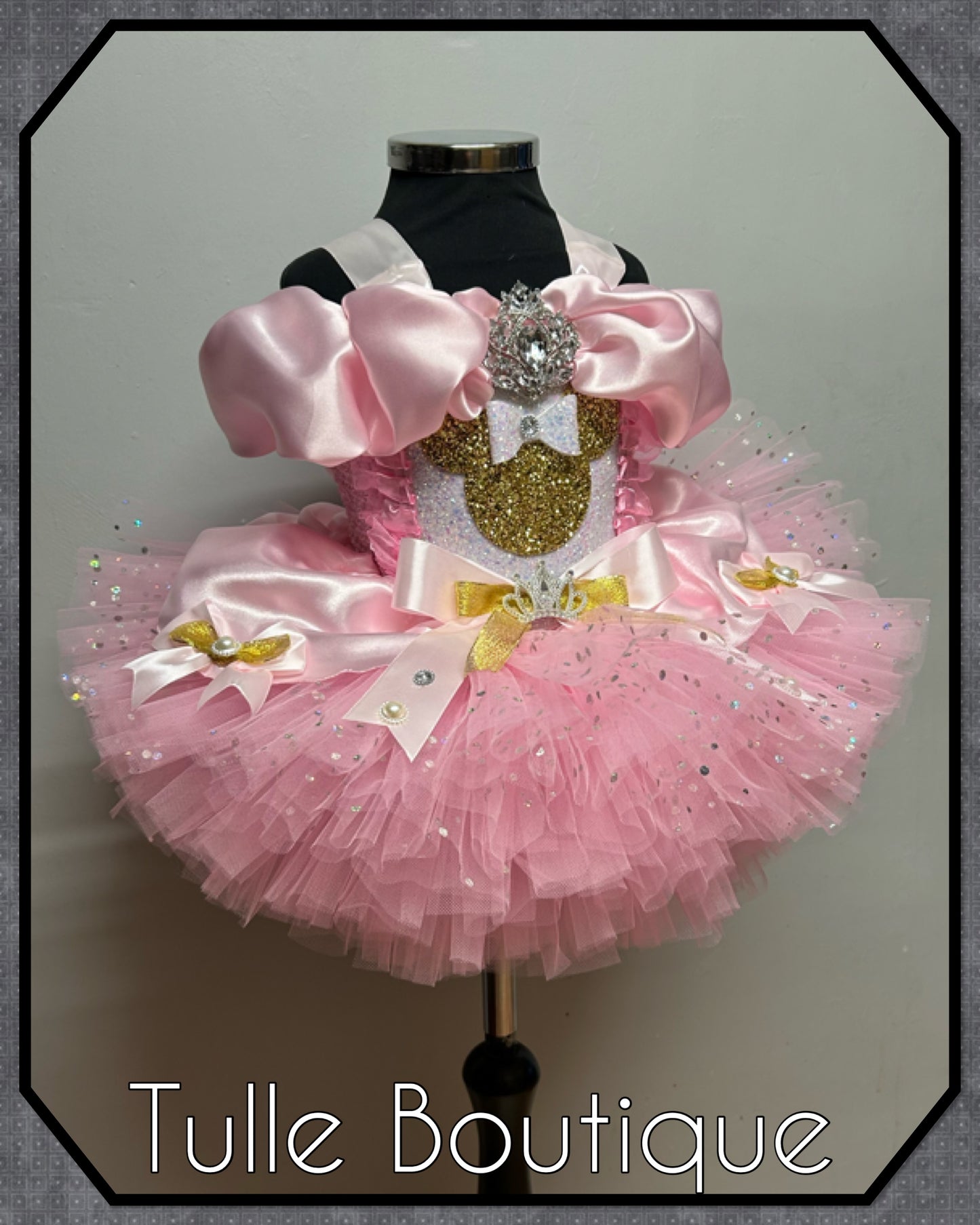 Girls Minnie Mouse gold glitter baby pink polka dot ballgown tutu dress