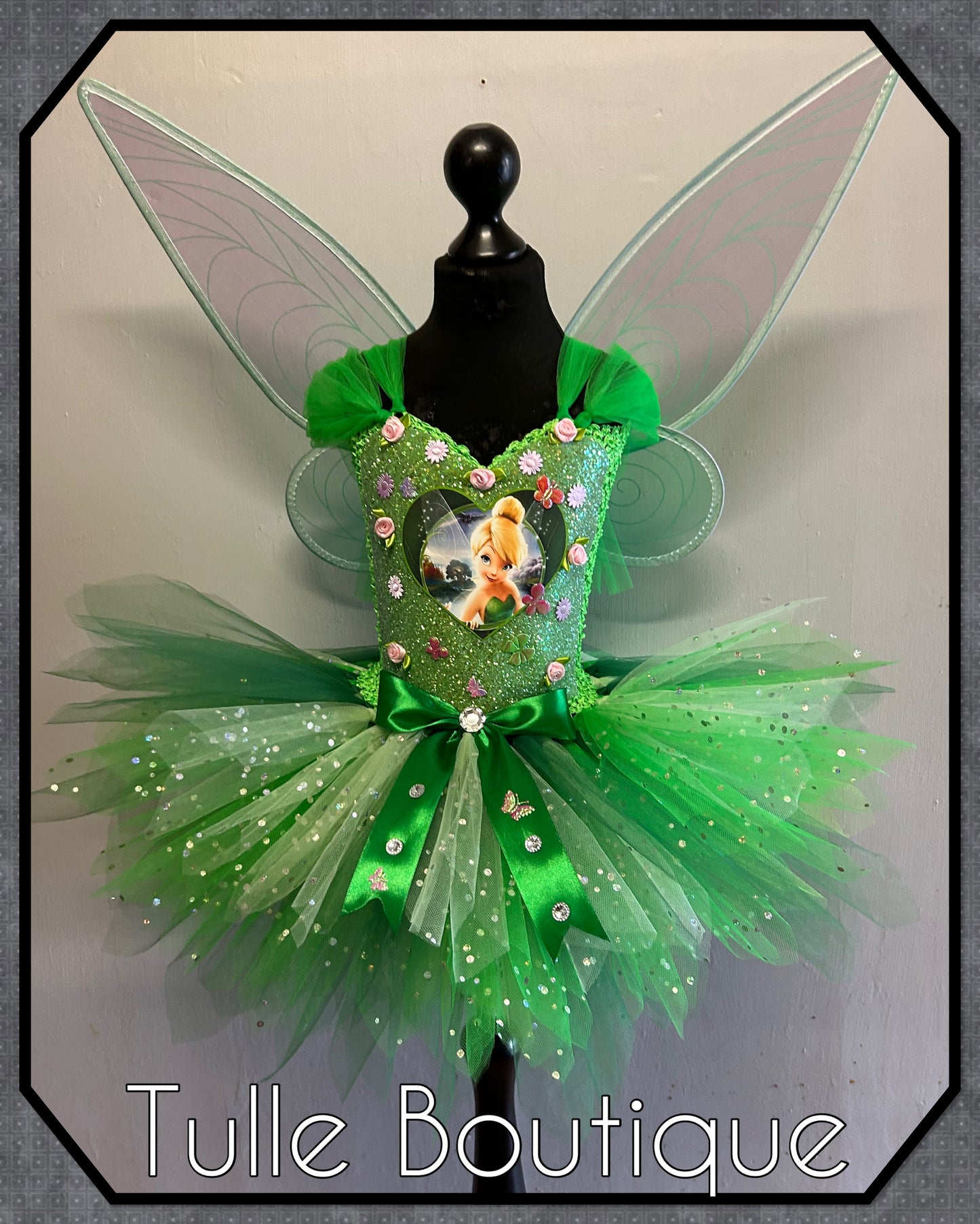 Girls Tinkerbell green fairy princess tutu birthday party dress