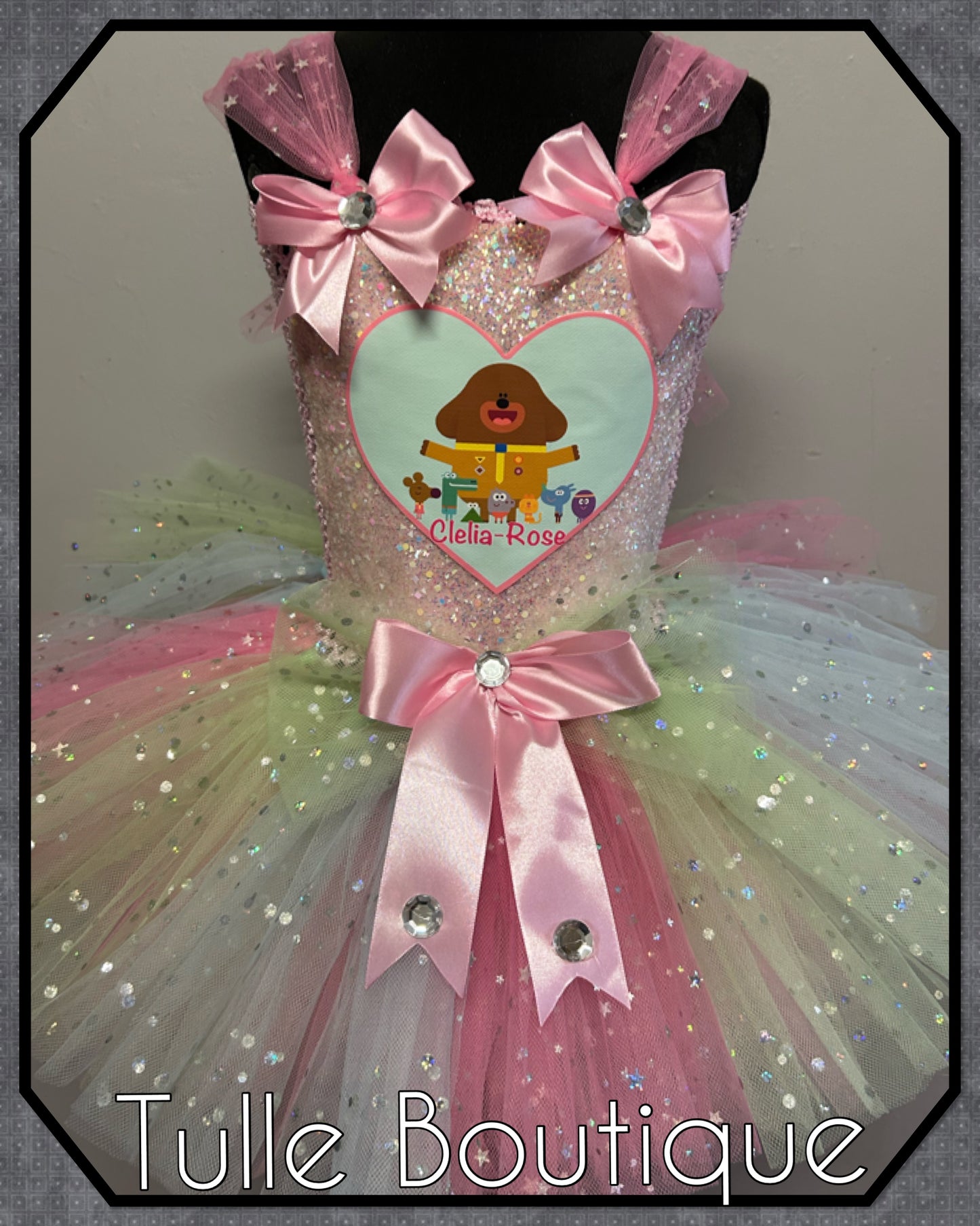 Girls Hey Duggee pastel rainbow birthday party tutu dress