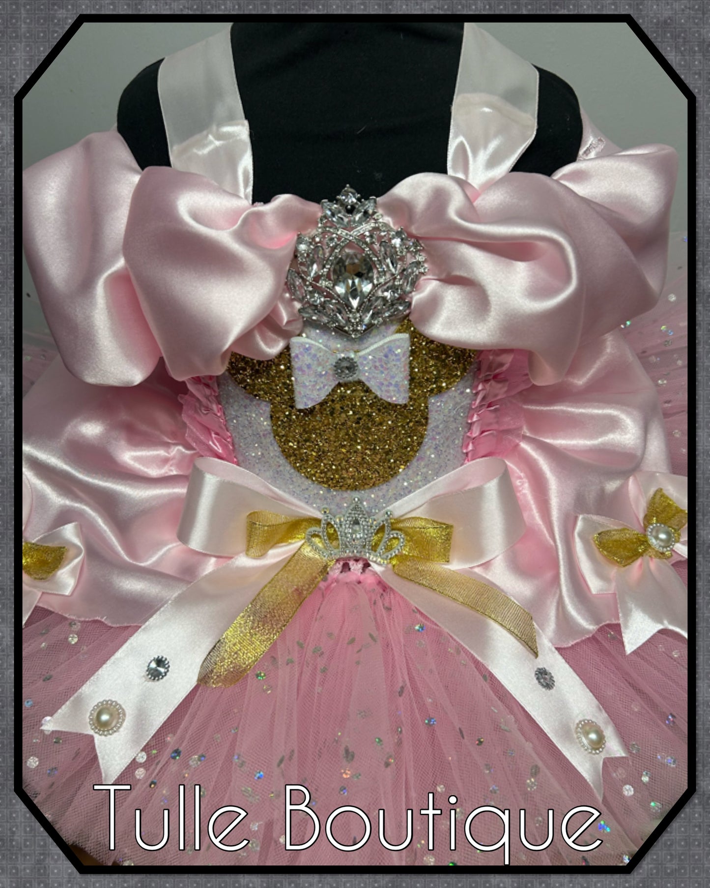 Girls Minnie Mouse gold glitter baby pink polka dot ballgown tutu dress