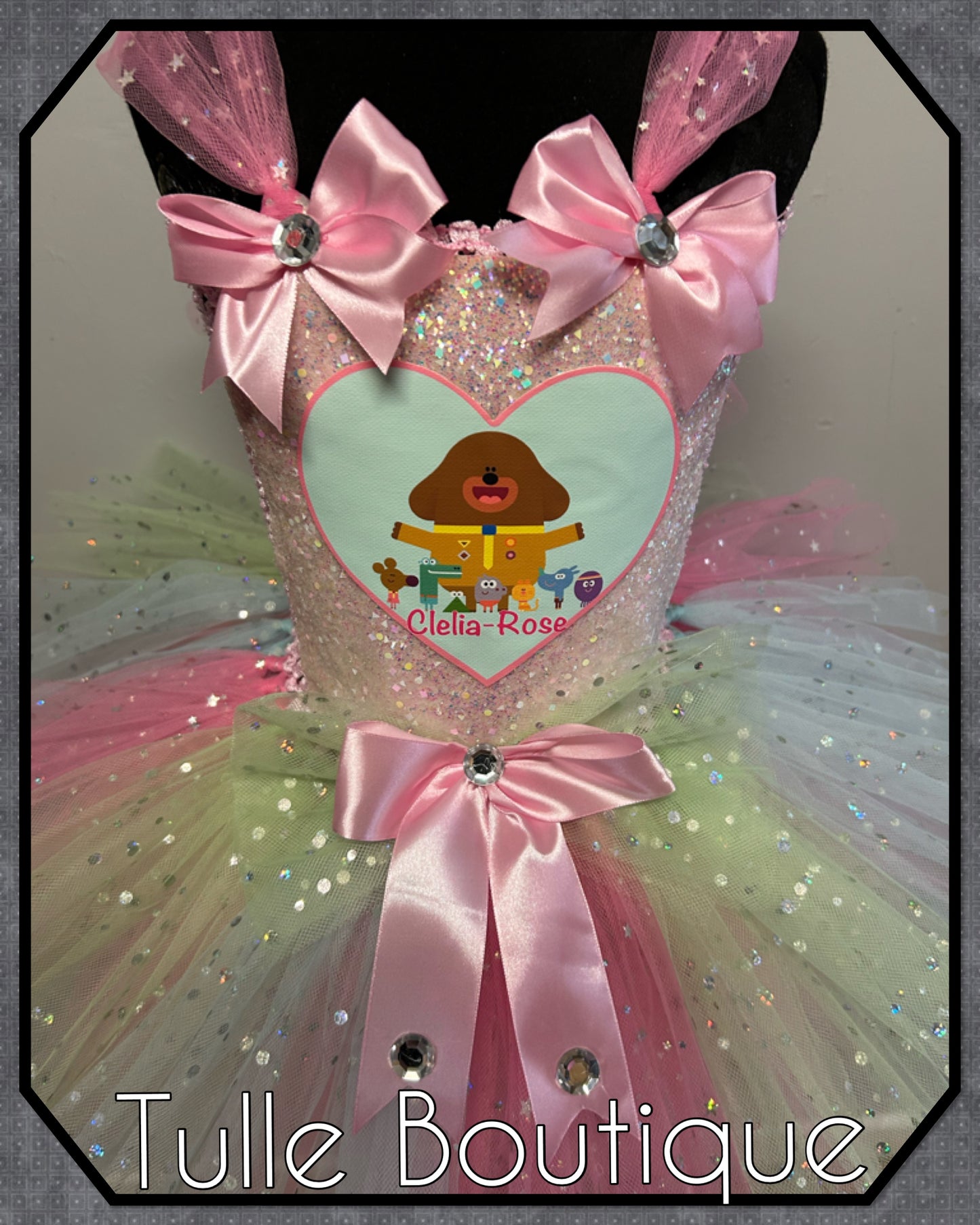 Girls Hey Duggee pastel rainbow birthday party tutu dress
