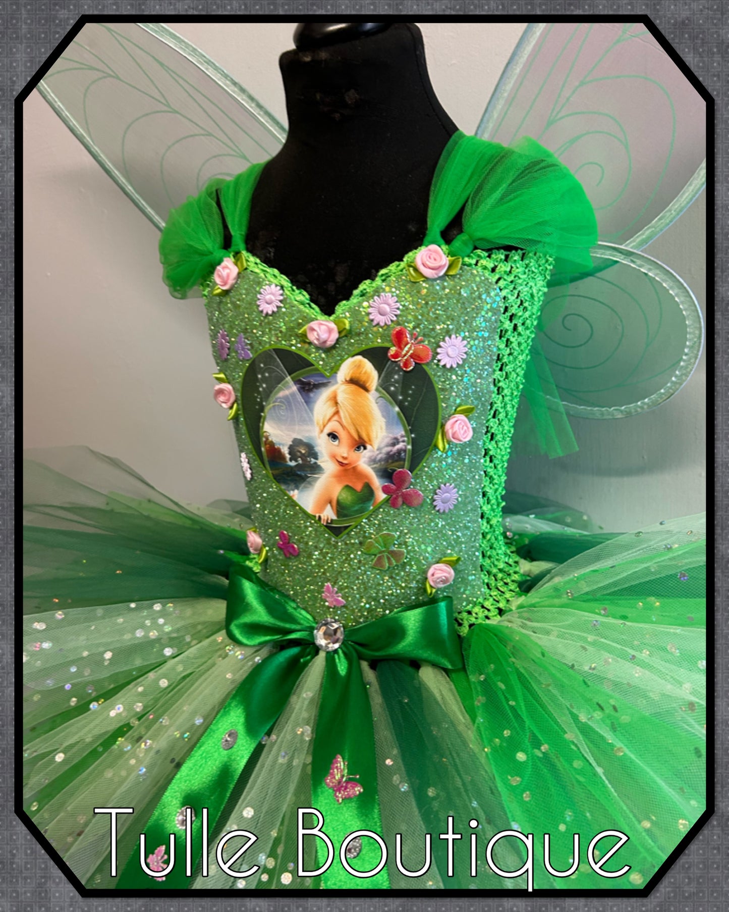 Girls Tinkerbell green fairy princess tutu birthday party dress