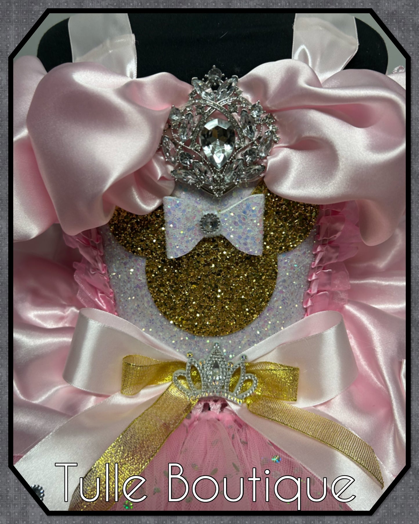 Girls Minnie Mouse gold glitter baby pink polka dot ballgown tutu dress