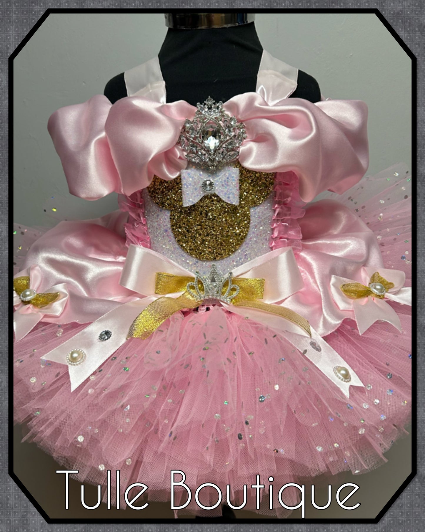 Girls Minnie Mouse gold glitter baby pink polka dot ballgown tutu dress
