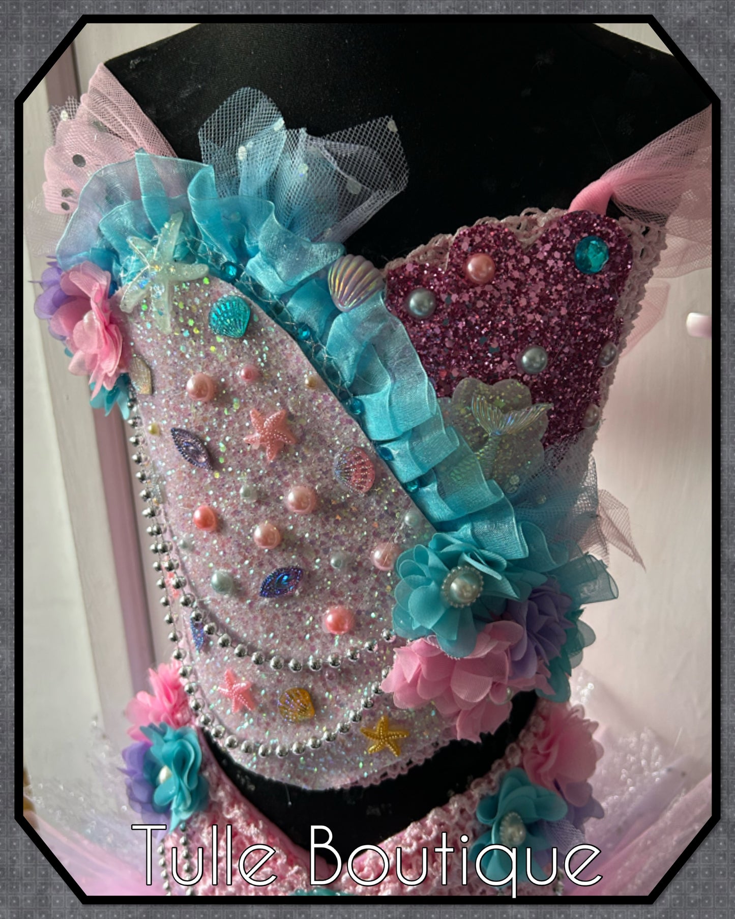 Fishtail mermaid Pearl and glitter tutu dress with fitted bottom.