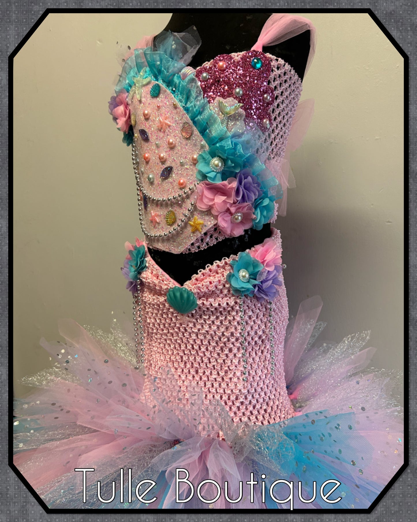 Fishtail mermaid Pearl and glitter tutu dress with fitted bottom.