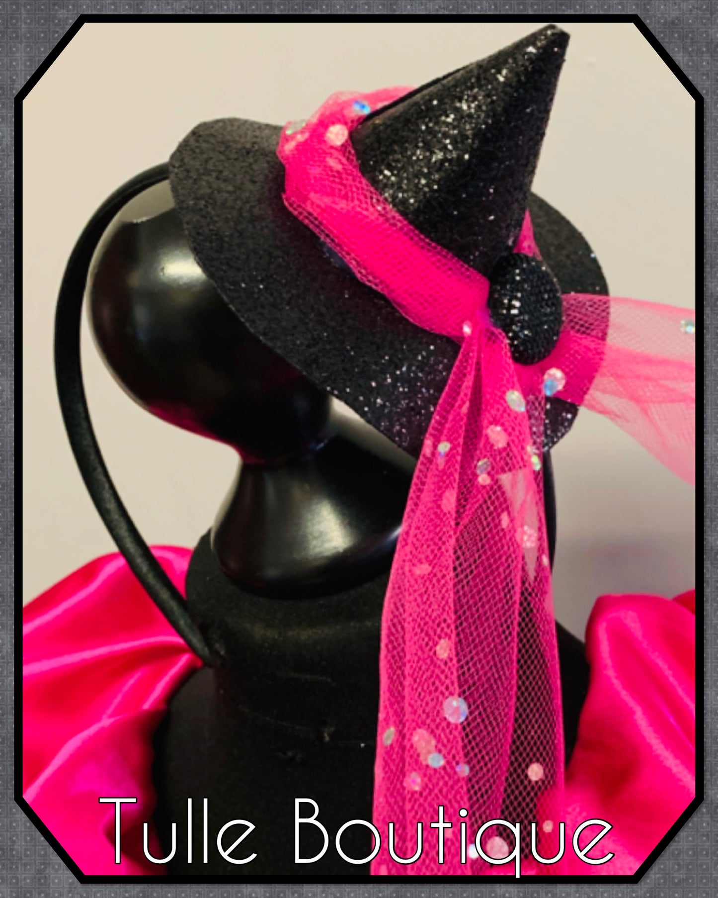 Girls Halloween Witch on a broom tutu dress hotpink and black