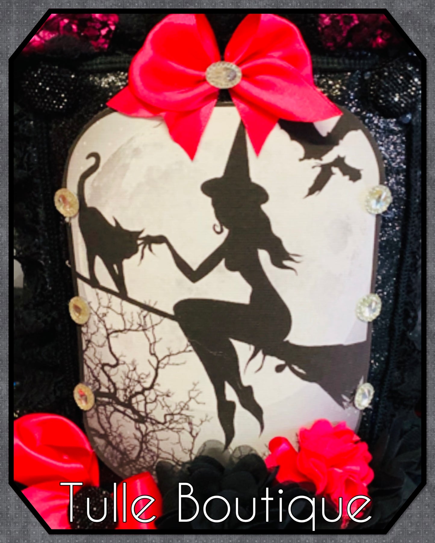 Girls Halloween Witch on a broom tutu dress hotpink and black