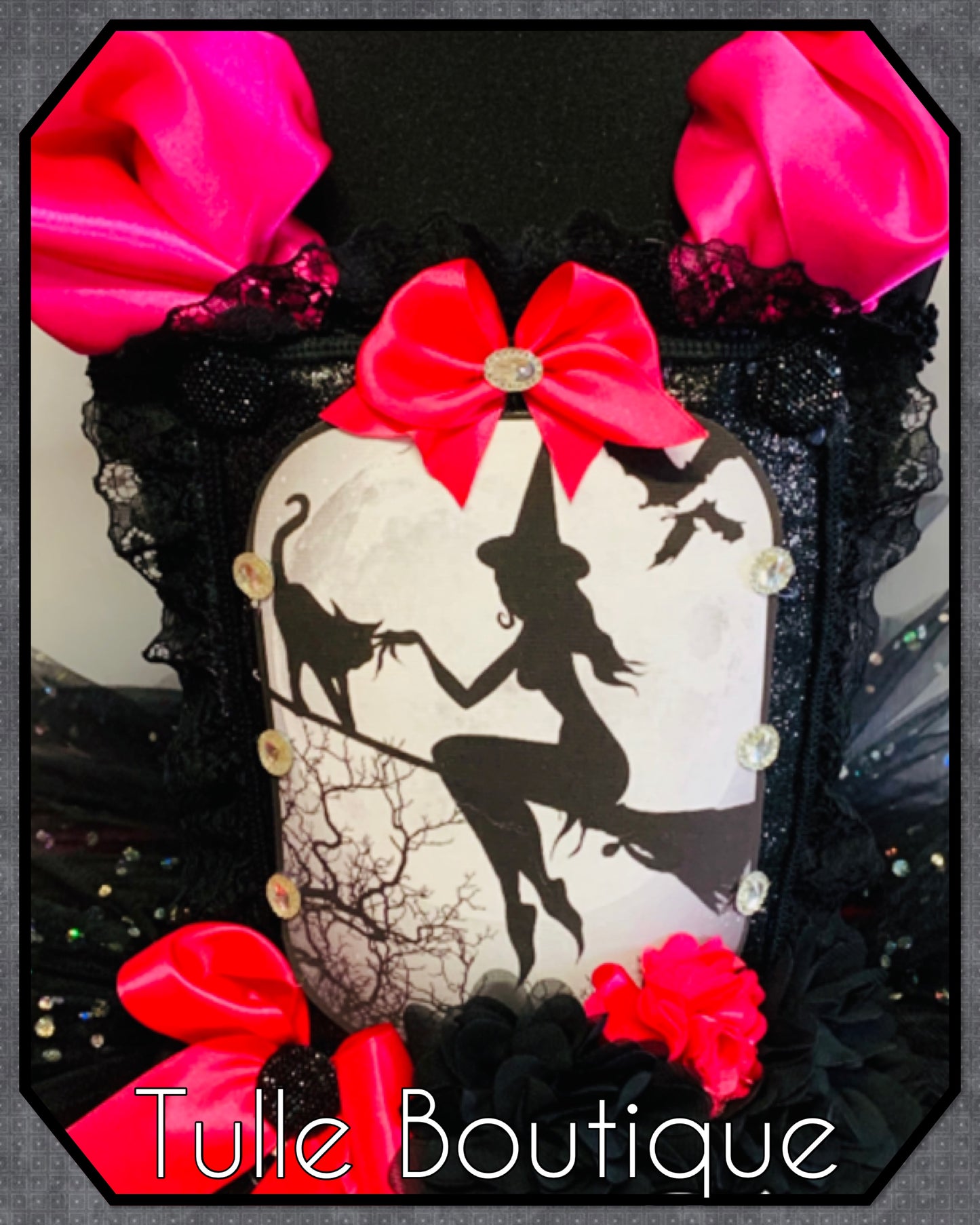 Girls Halloween Witch on a broom tutu dress hotpink and black