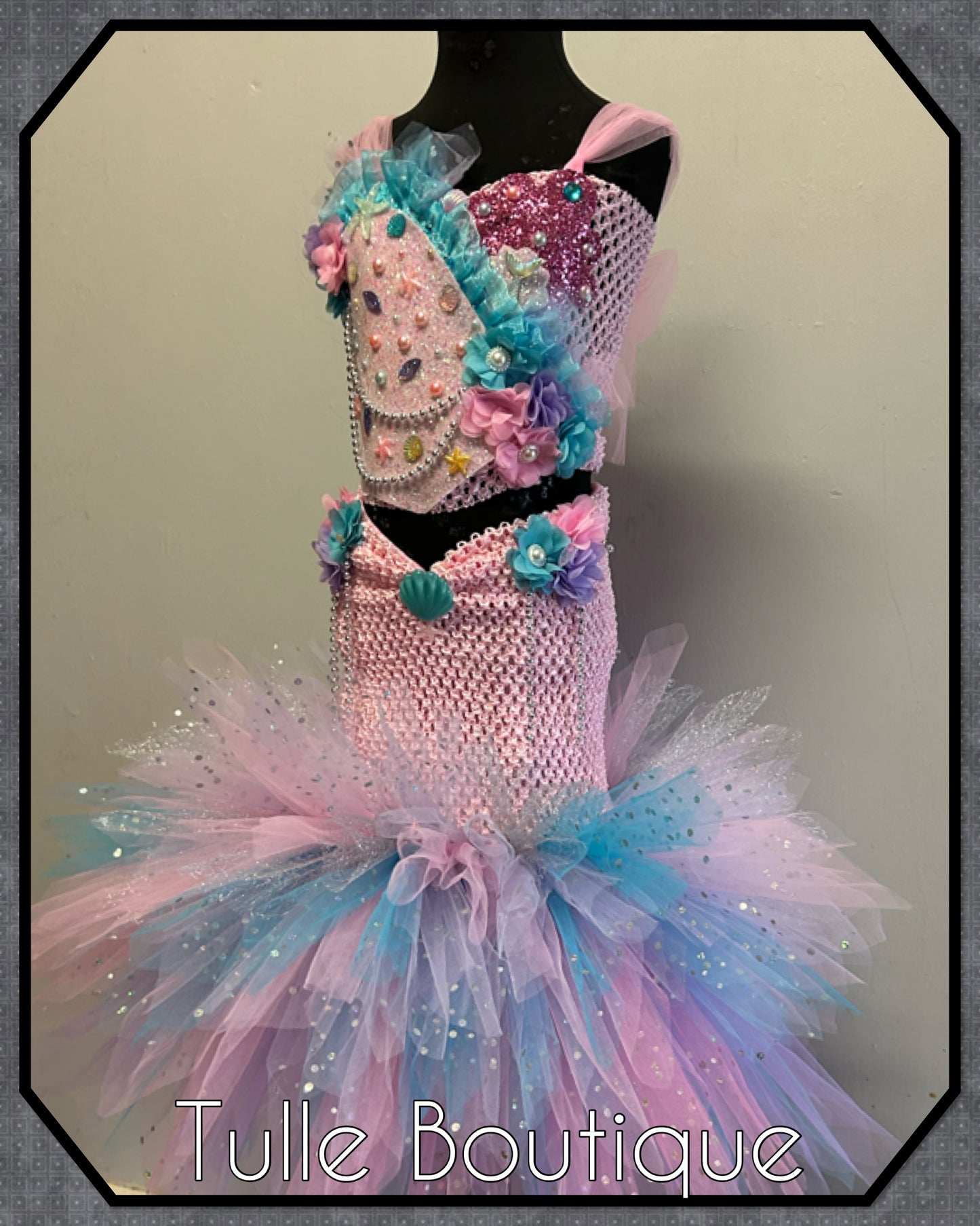 Fishtail mermaid Pearl and glitter tutu dress with fitted bottom.