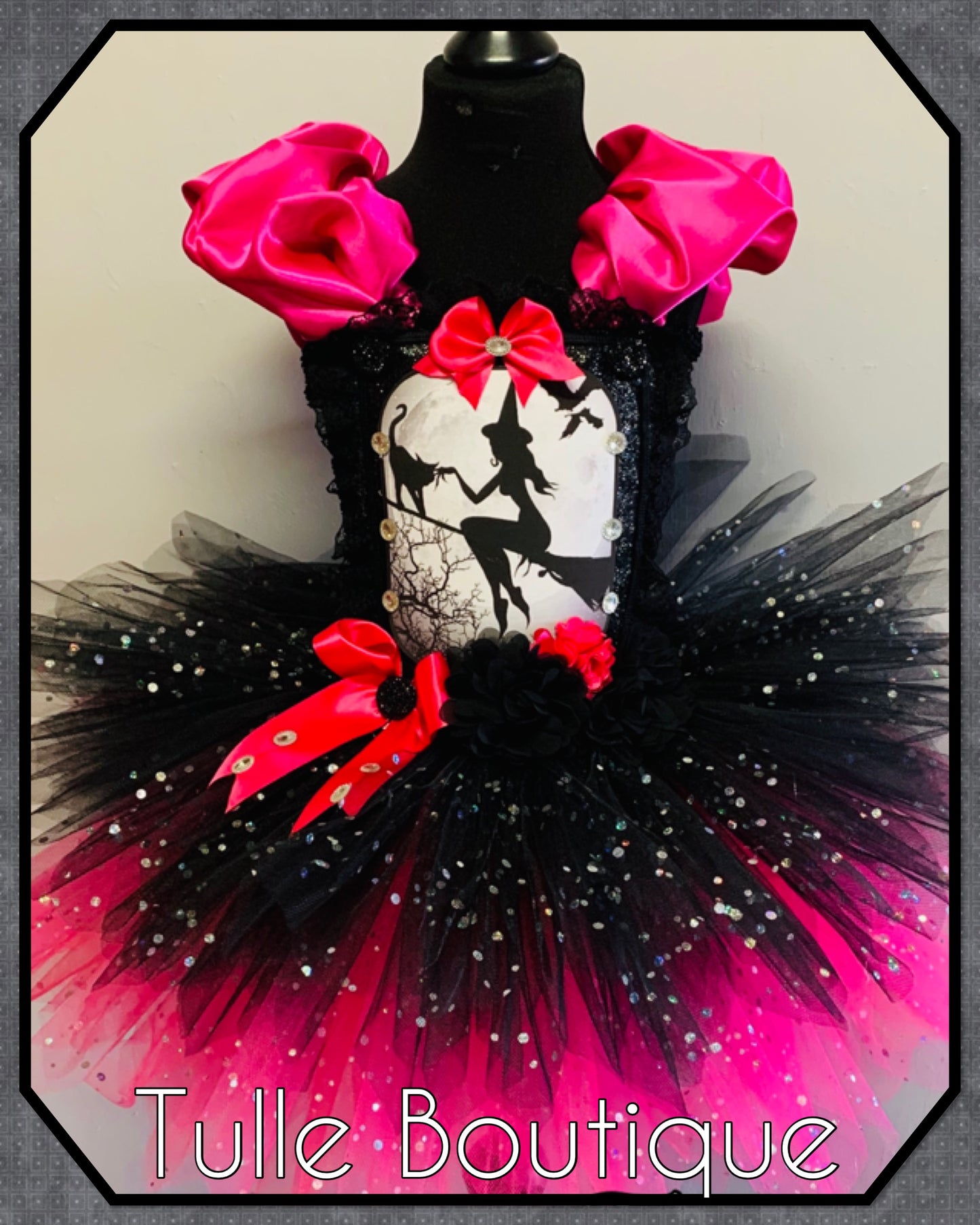 Girls Halloween Witch on a broom tutu dress hotpink and black