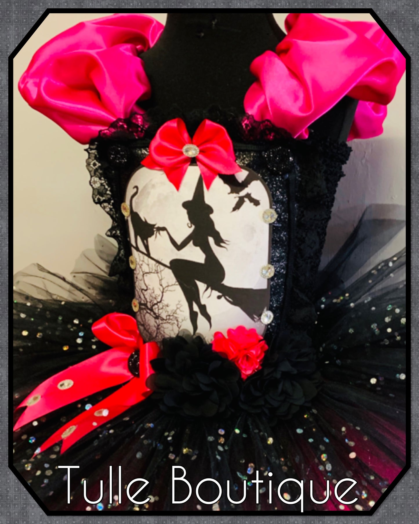 Girls Halloween Witch on a broom tutu dress hotpink and black