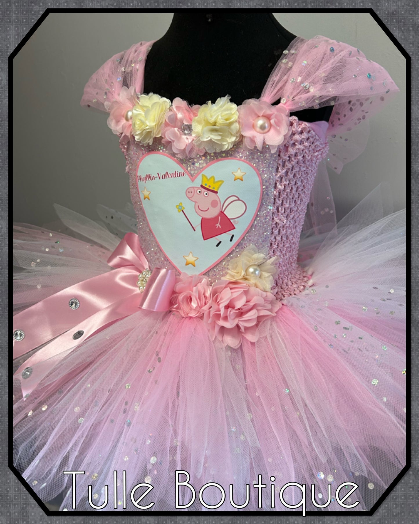 Girls Floral pink/cream Peppa pig birthday party princess tutu dress