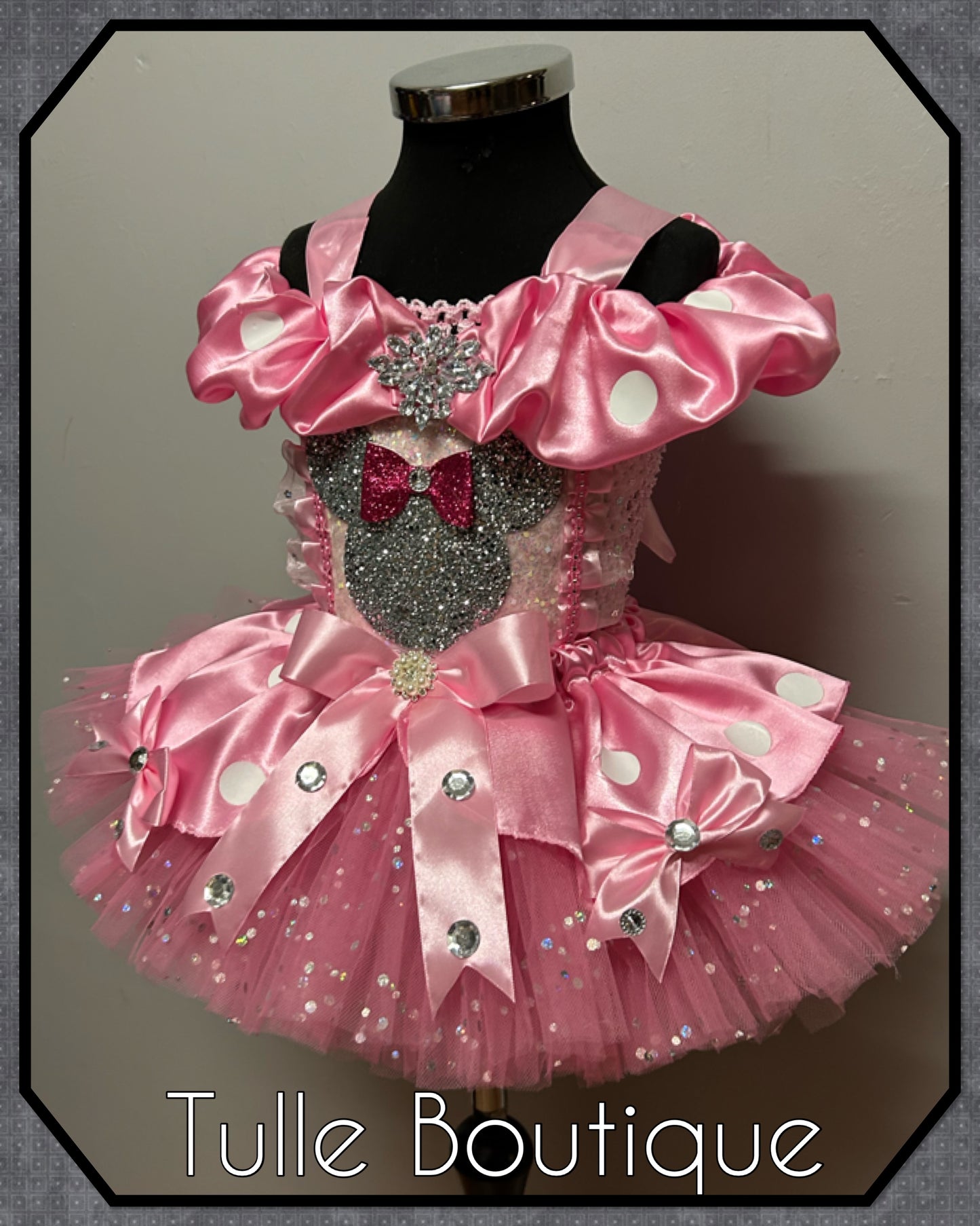 Girls Minnie Mouse candy pink polka dot tutu dress costume sparkly ballgown