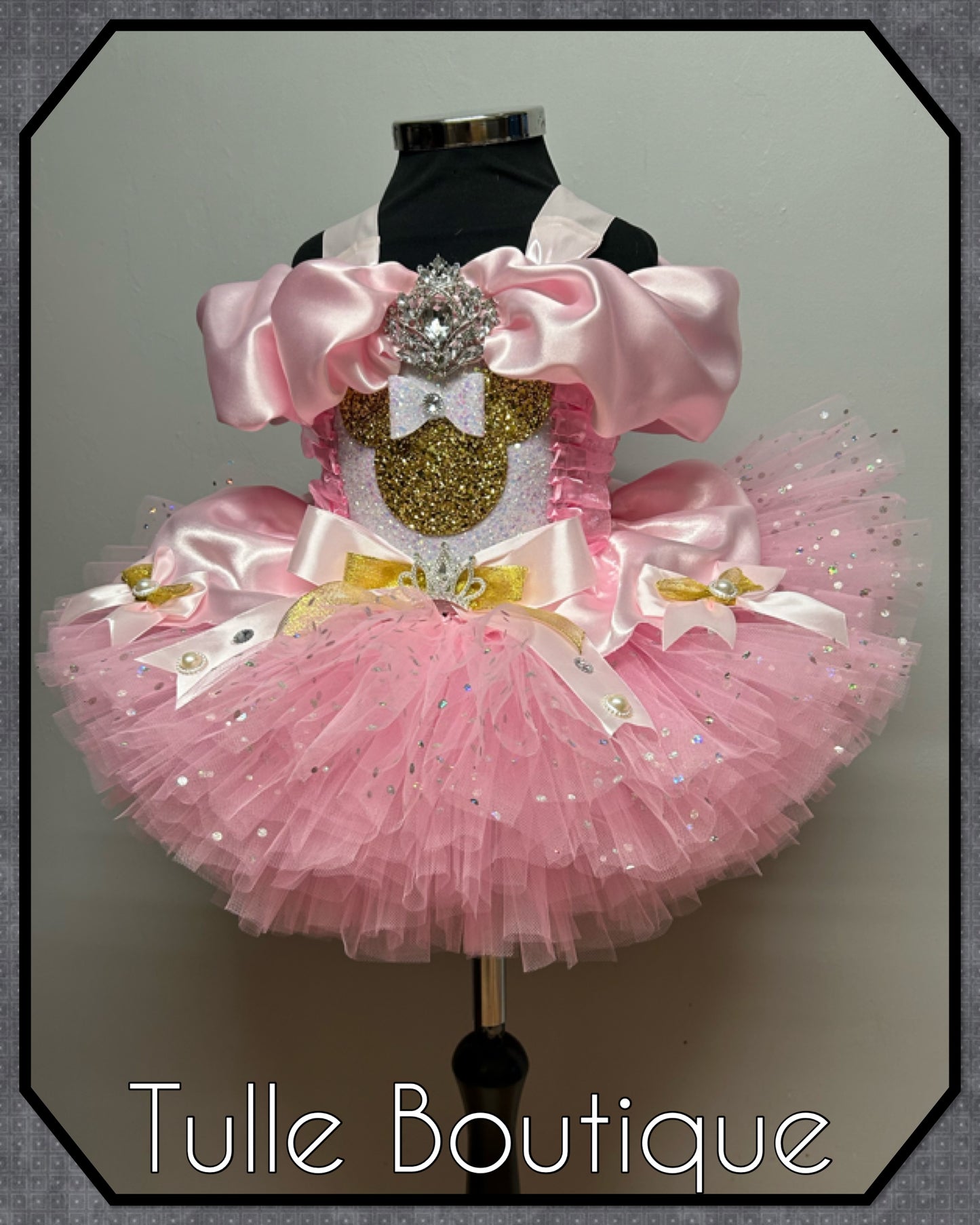 Girls Minnie Mouse gold glitter baby pink polka dot ballgown tutu dress
