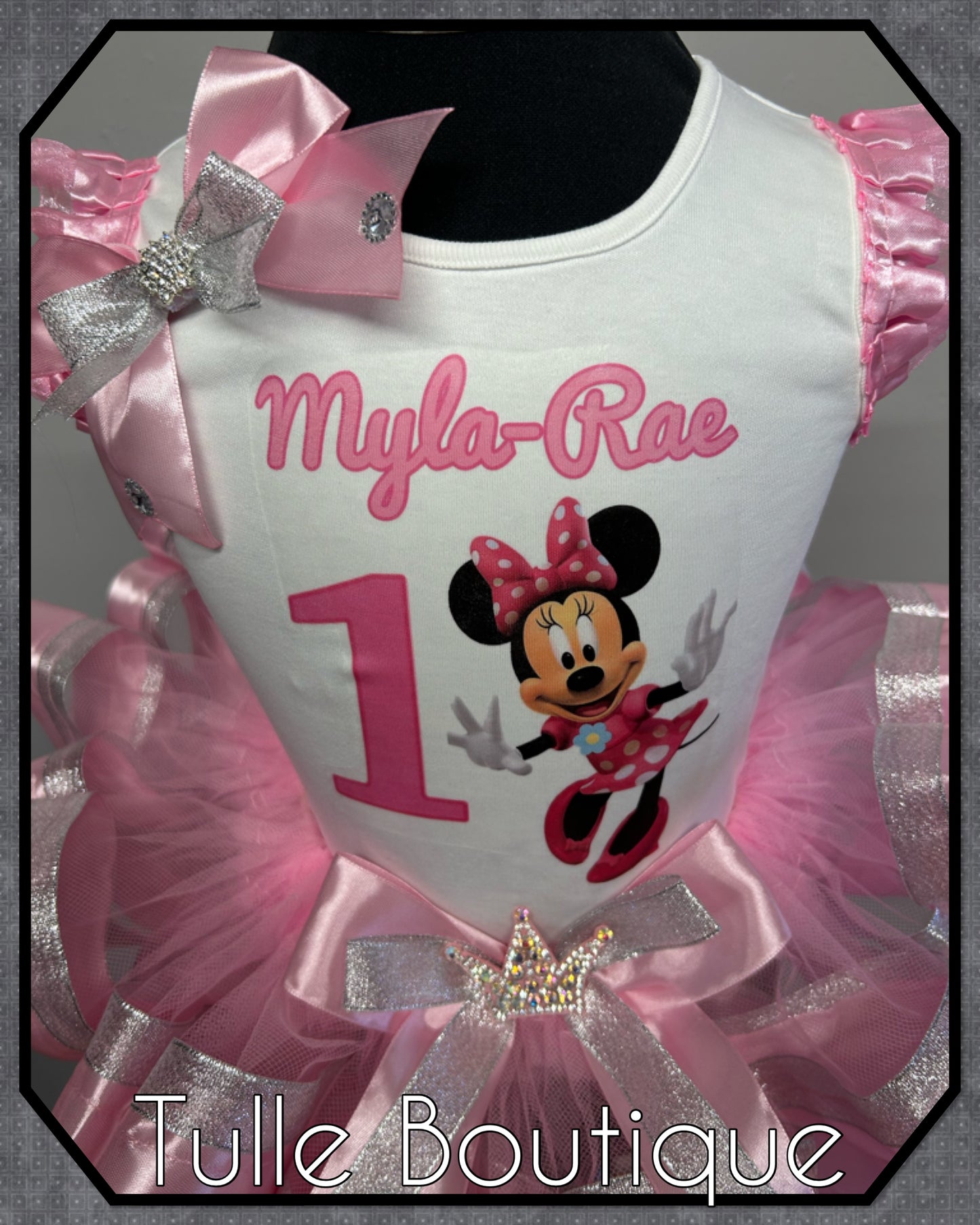 Girls toddlers Minnie Mouse  ribbon trimmed tutu birthday party outfit