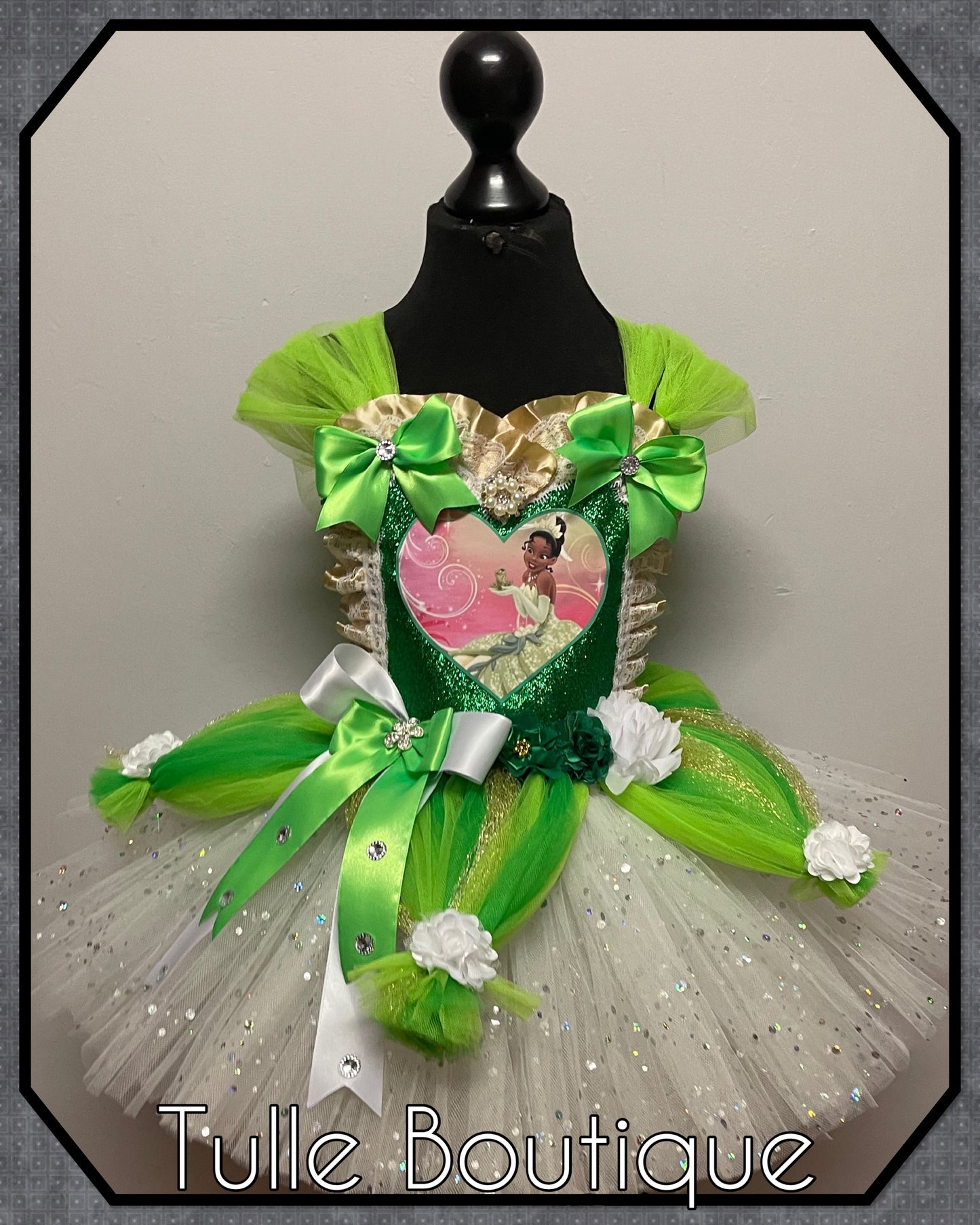 Girls toddlers Princess and the frog tutu dress knee length fancy dress costume Princess Tiana tutu dress