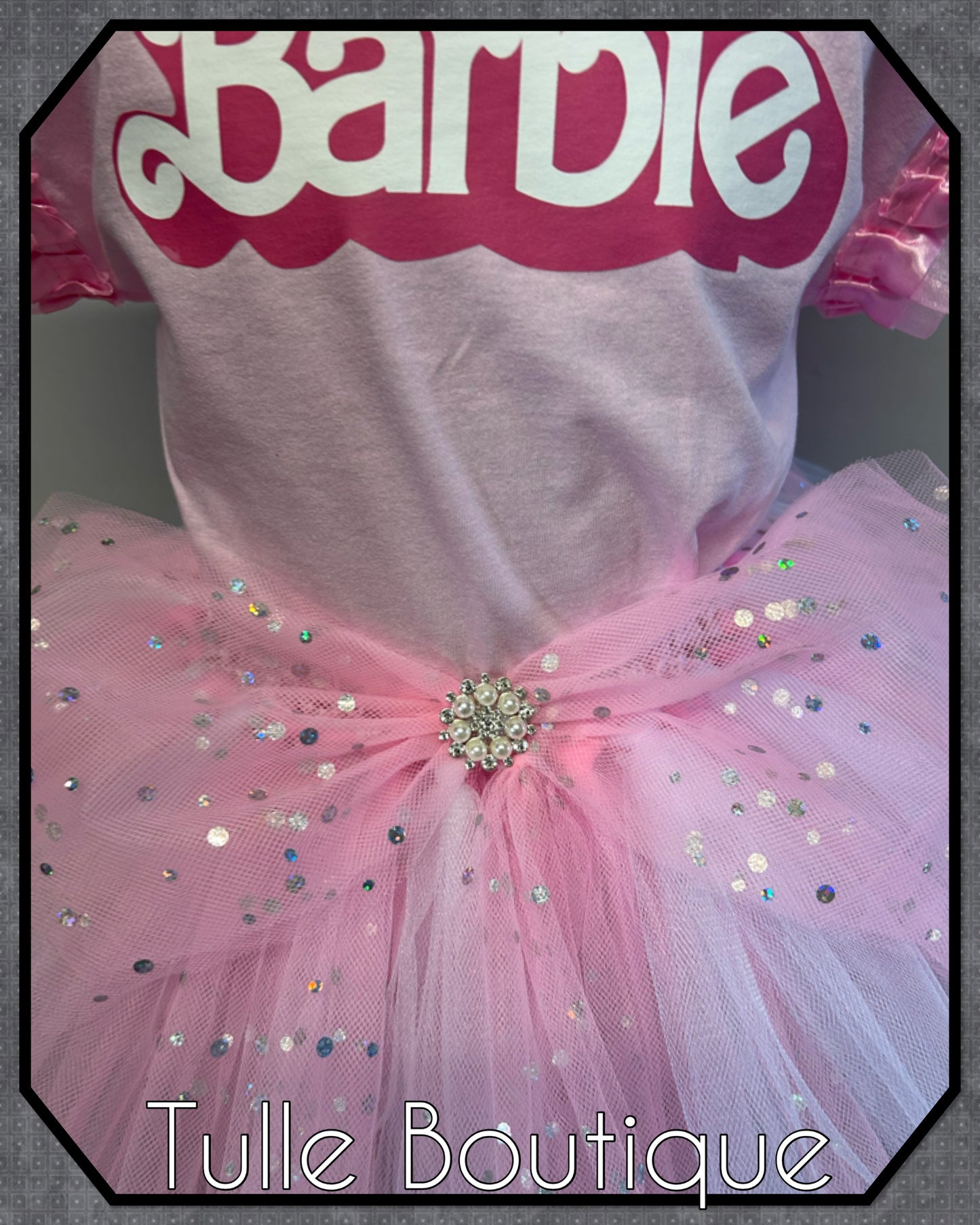 Baby pink and white Barbie girl T-shirt and tutu birthday party outfit