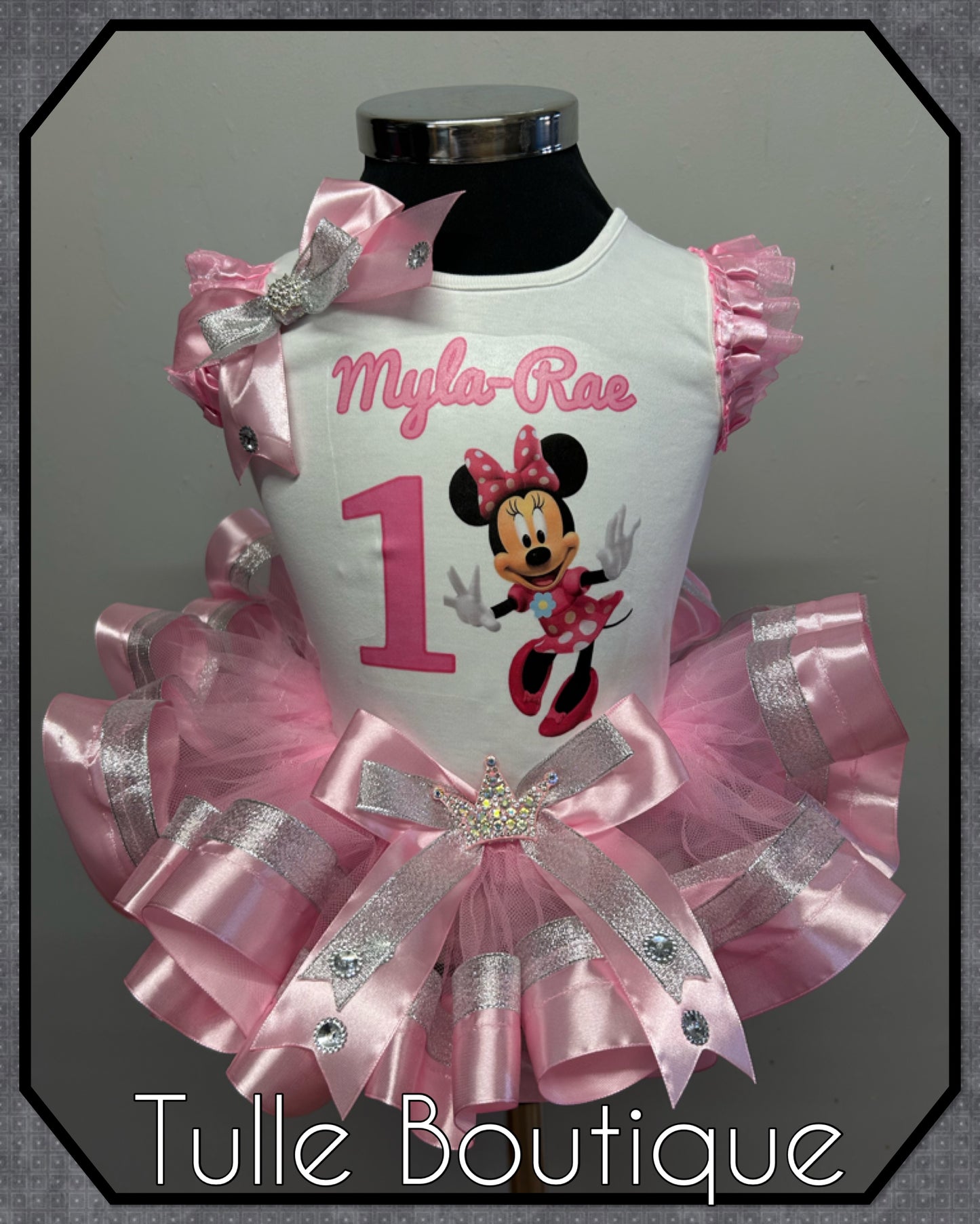 Girls toddlers Minnie Mouse  ribbon trimmed tutu birthday party outfit