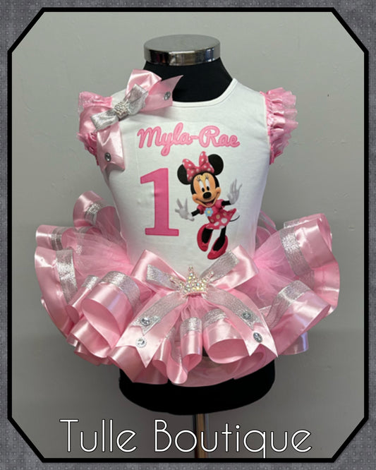 Girls toddlers Minnie Mouse  ribbon trimmed tutu birthday party outfit