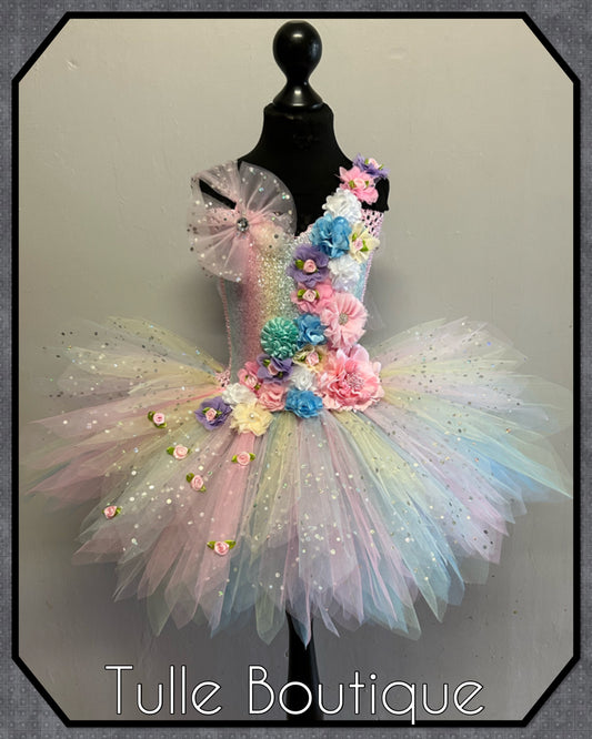 Girls Enchanted pastel rainbow floral unicorn ballgown tutu dress