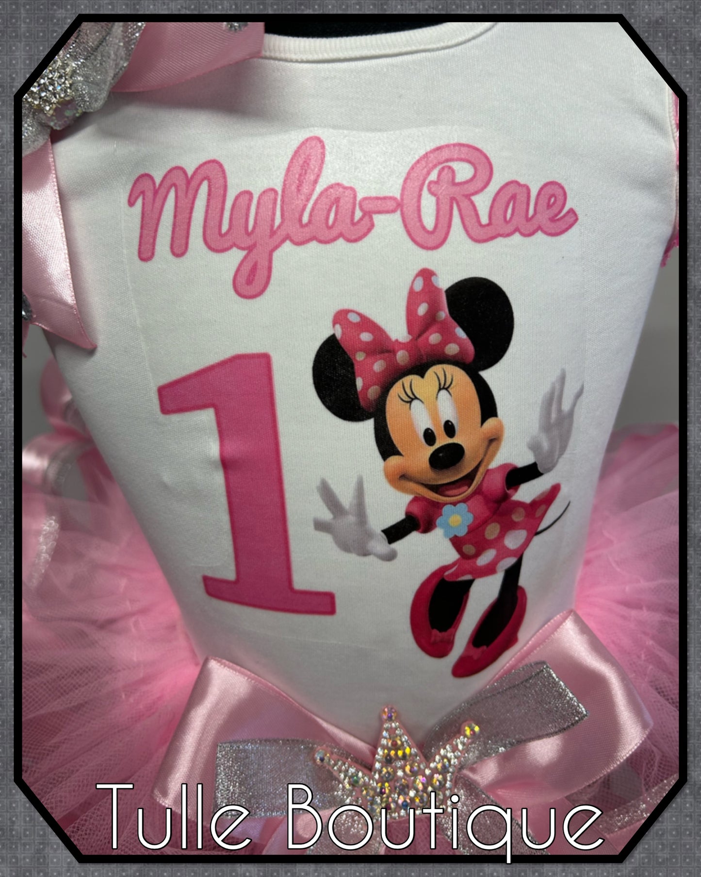 Girls toddlers Minnie Mouse  ribbon trimmed tutu birthday party outfit