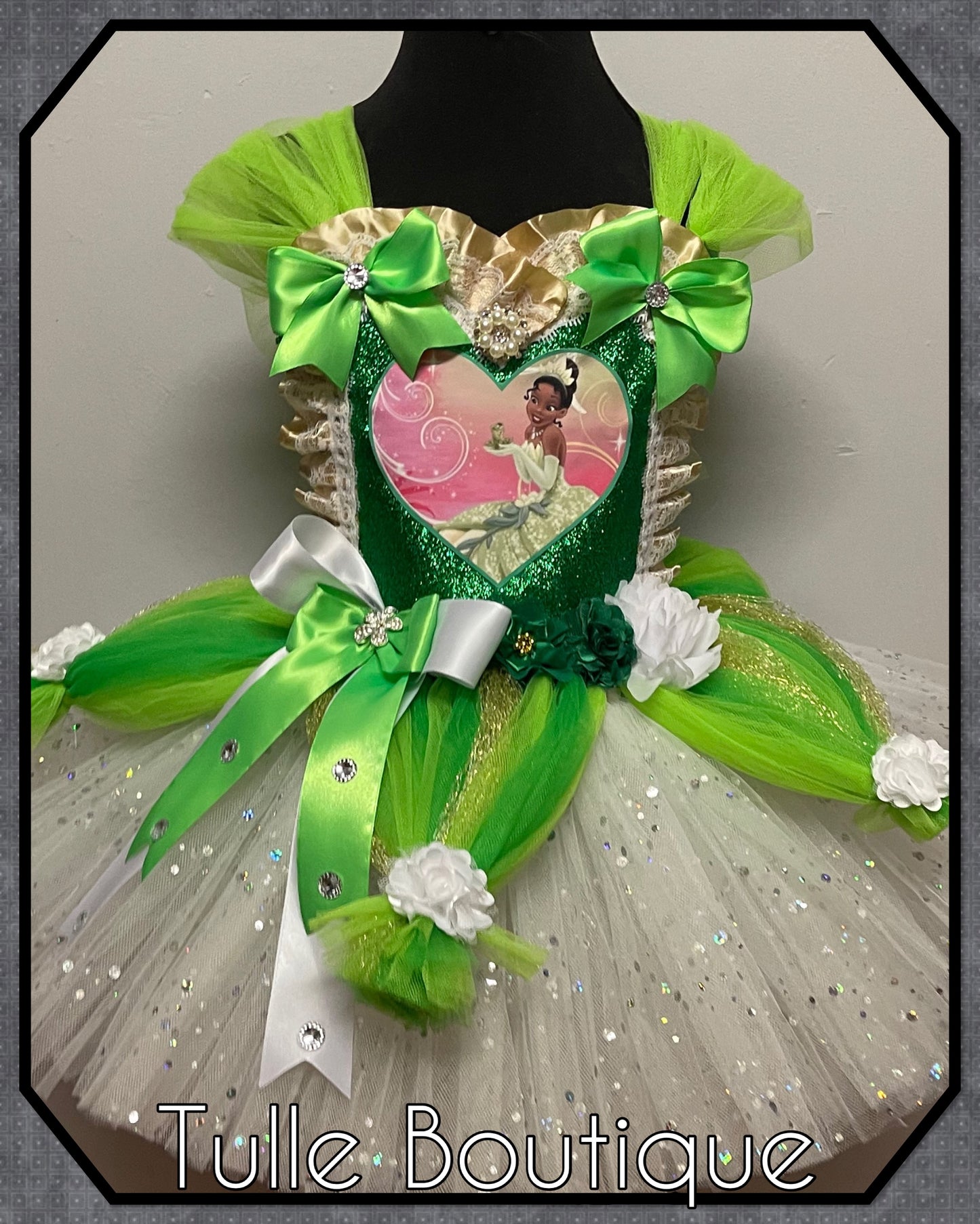 Girls toddlers Princess and the frog tutu dress knee length fancy dress costume Princess Tiana tutu dress