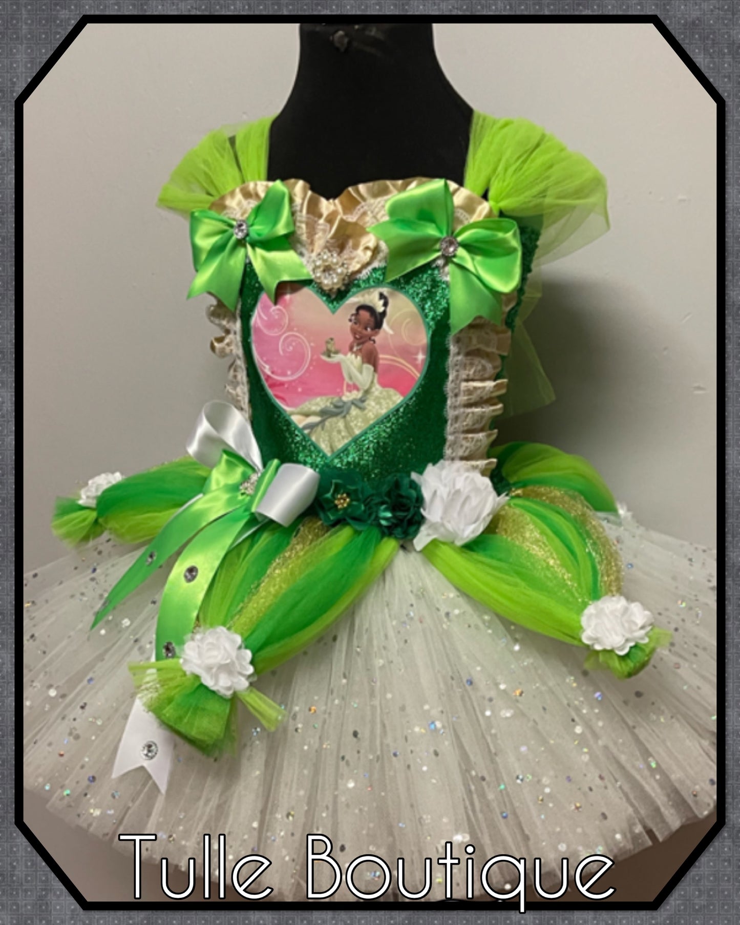 Girls toddlers Princess and the frog tutu dress knee length fancy dress costume Princess Tiana tutu dress