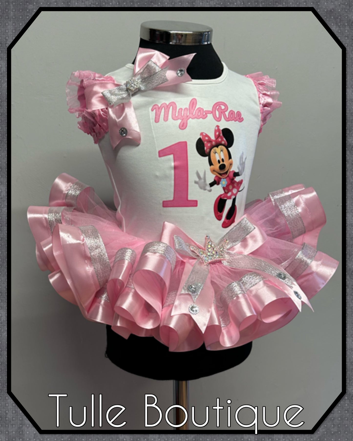 Girls toddlers Minnie Mouse  ribbon trimmed tutu birthday party outfit