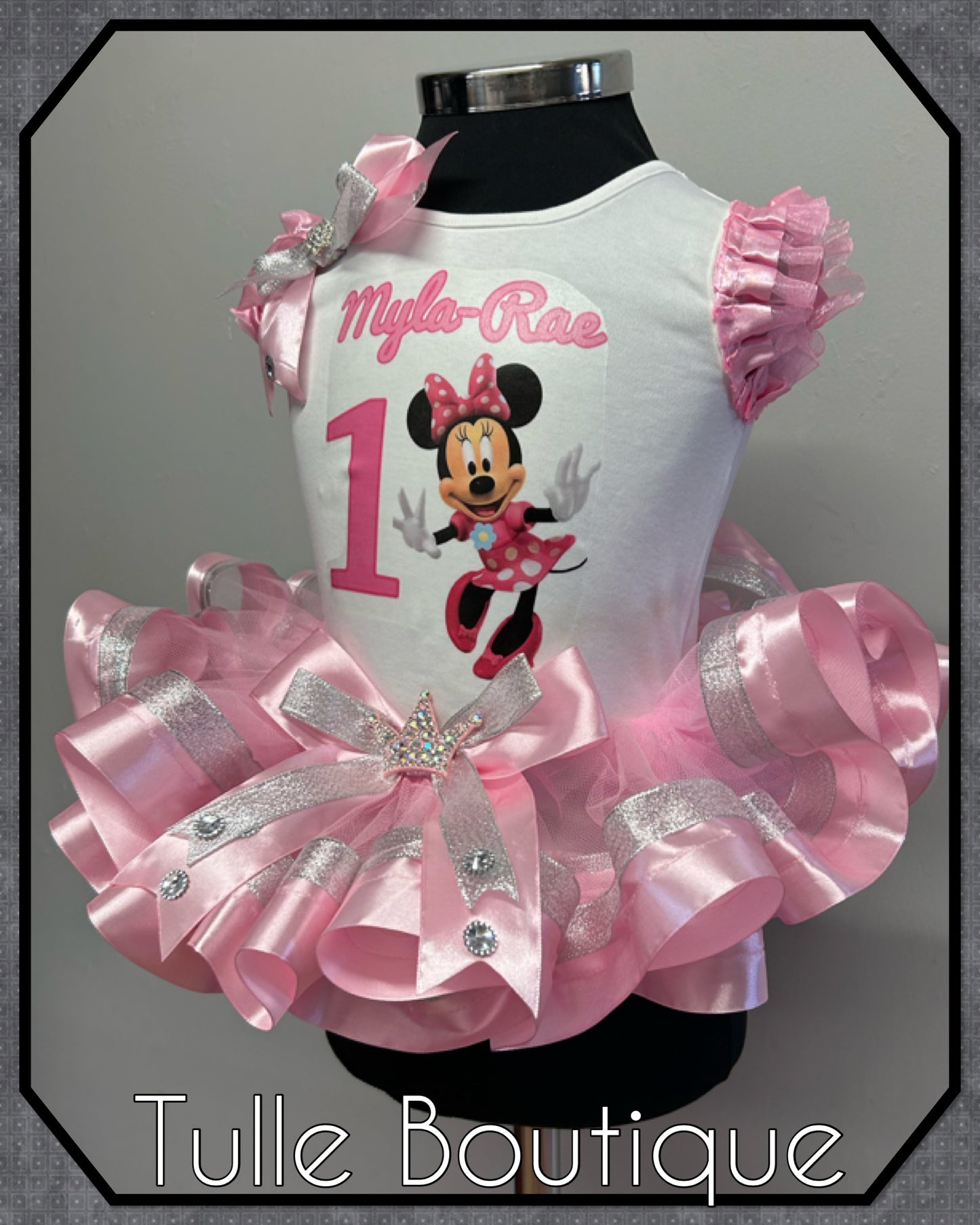 Girls toddlers Minnie Mouse  ribbon trimmed tutu birthday party outfit