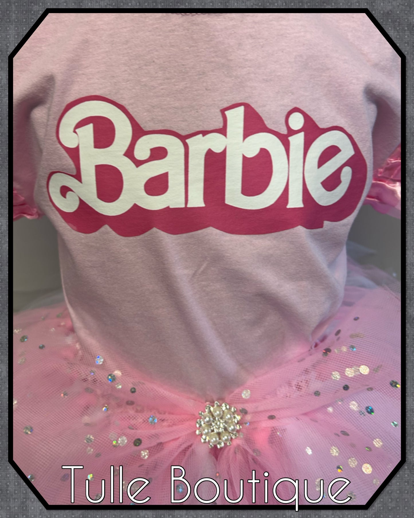 Baby pink and white Barbie girl T-shirt and tutu birthday party outfit