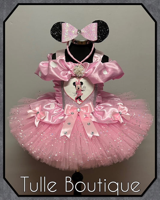 Girls Minnie Mouse baby pink and white polka dot ballgown tutu dress