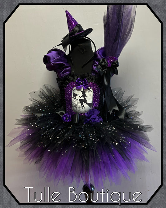 Girls Halloween Witch on a broom tutu dress