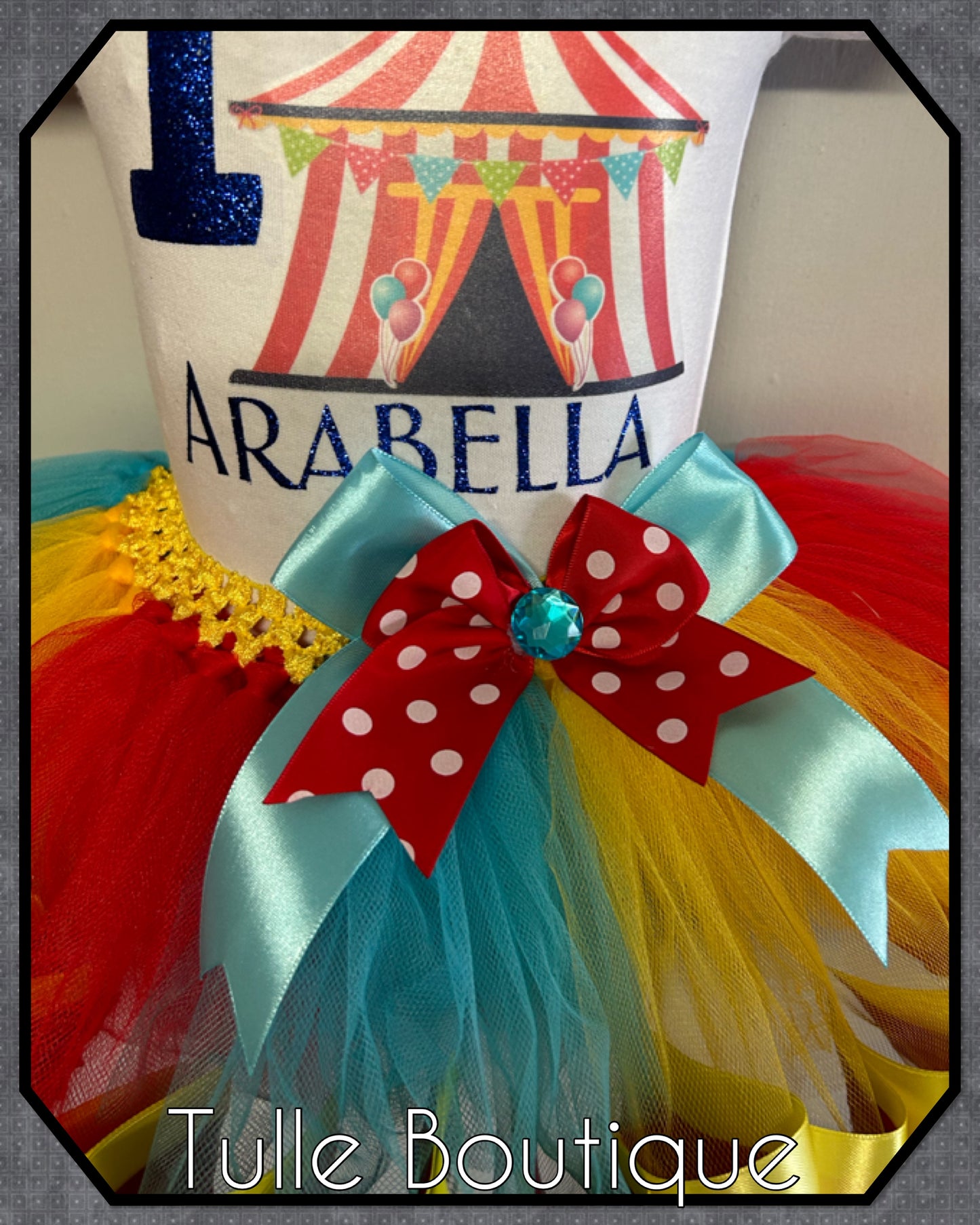 Girls Circus themed ribbon trimmed tutu birthday party outfit