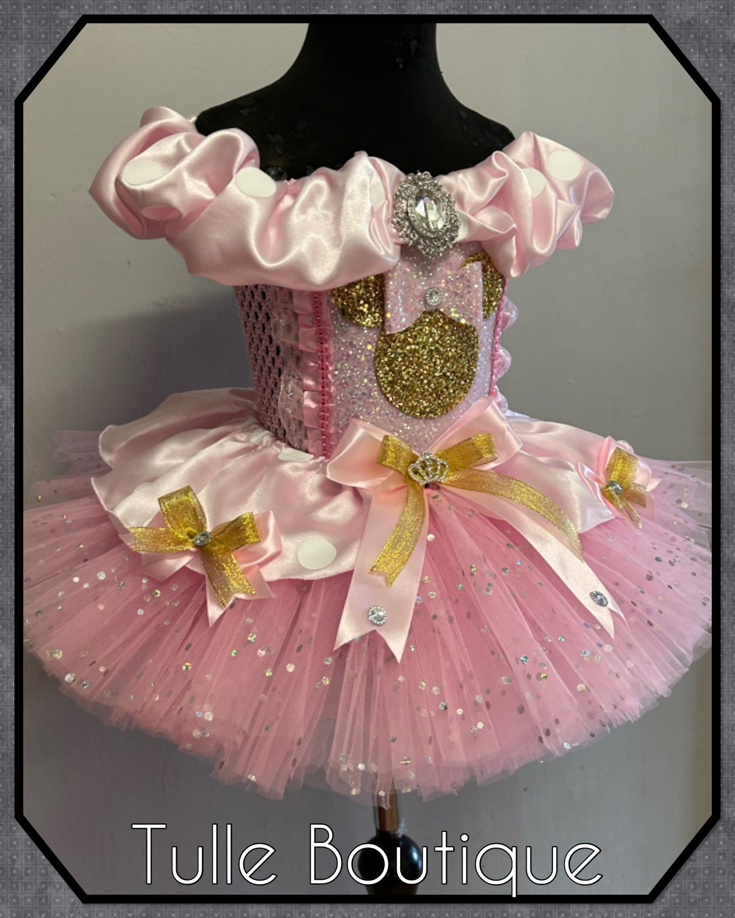 Girls Minnie Mouse gold glitter baby pink polka dot ballgown tutu dress