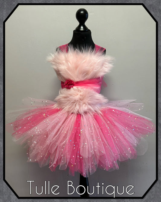 Girls faux fur pink tutu dress doll party pink panther outfit