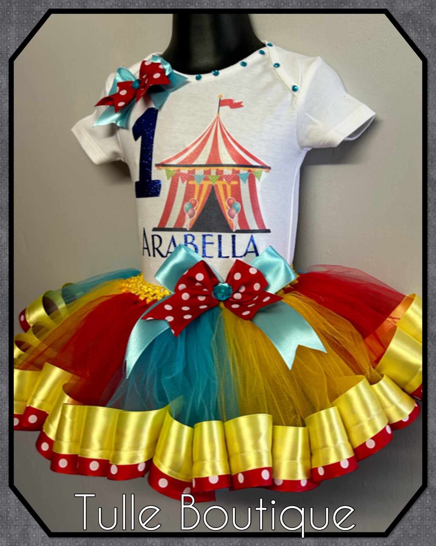 Girls Circus themed ribbon trimmed tutu birthday party outfit