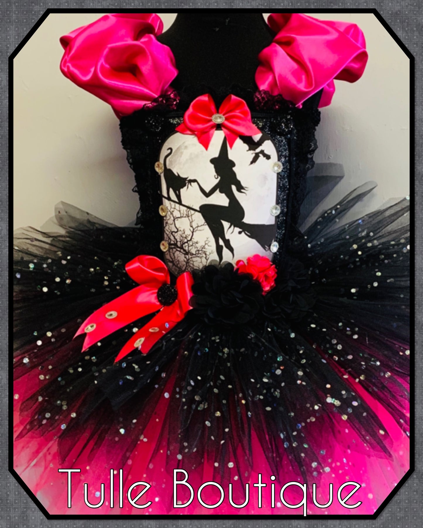 Girls Halloween Witch on a broom tutu dress hotpink and black