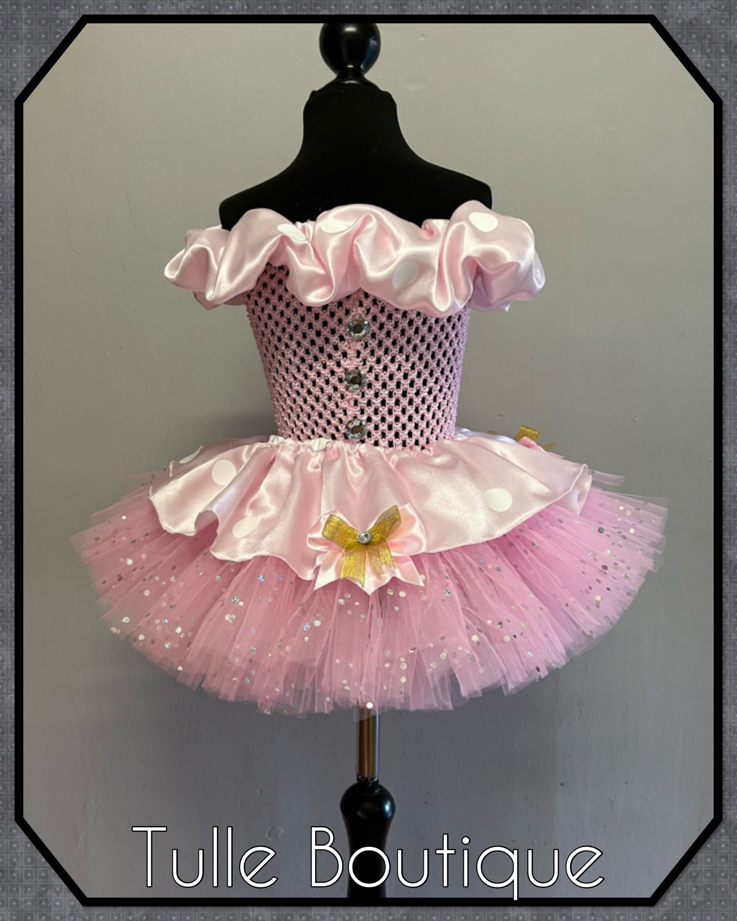 Girls Minnie Mouse gold glitter baby pink polka dot ballgown tutu dress