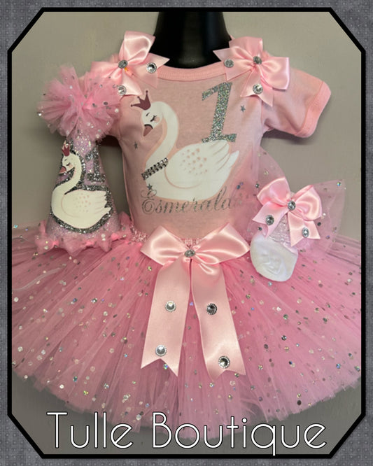 Girls Pink and silver Swan Princess birthday party tutu outfit