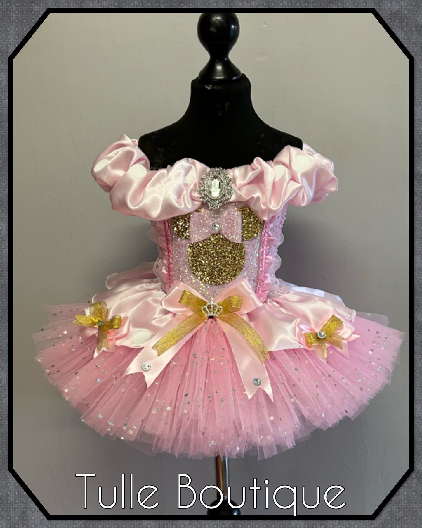 Girls Minnie Mouse gold glitter baby pink polka dot ballgown tutu dress