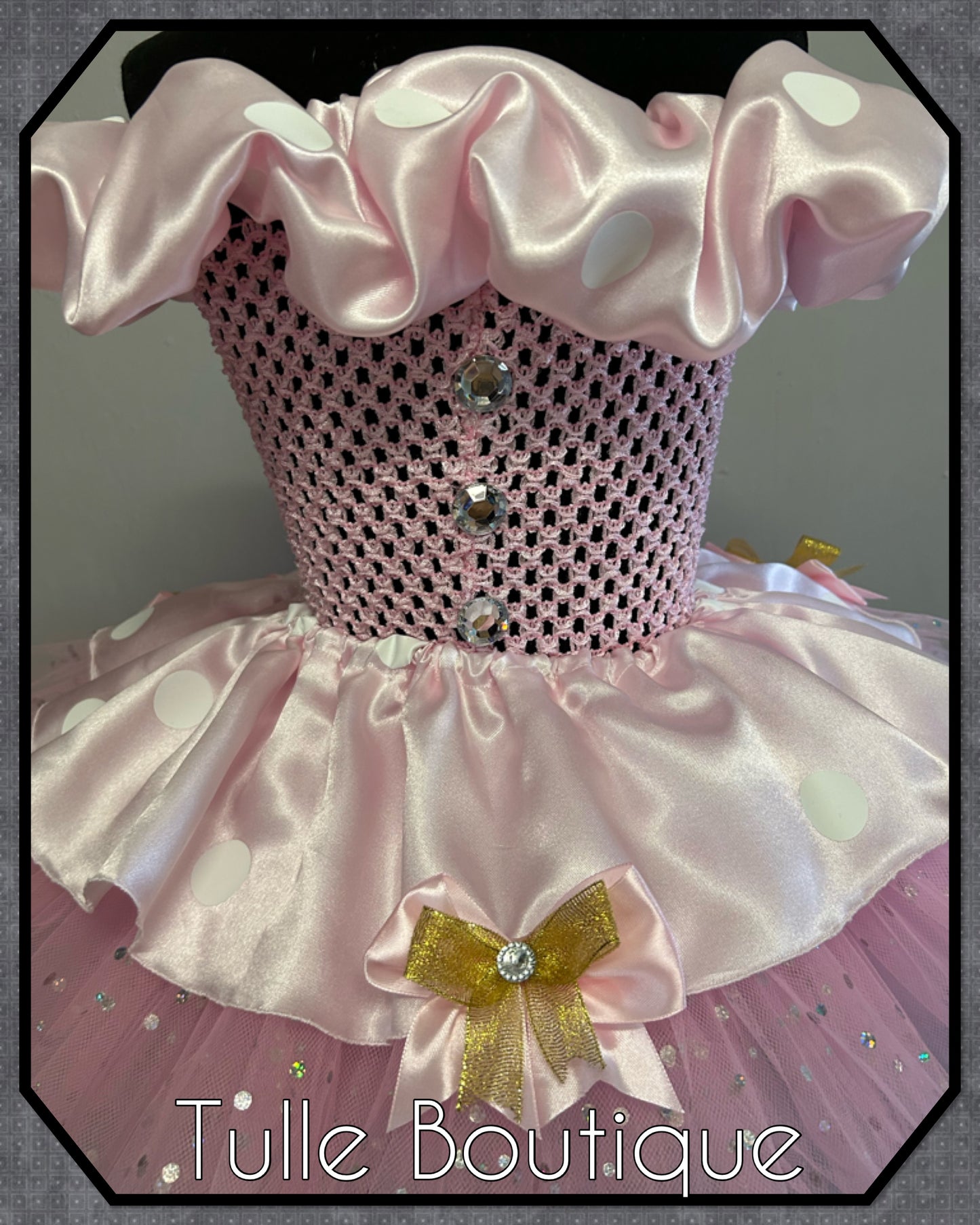 Girls Minnie Mouse gold glitter baby pink polka dot ballgown tutu dress