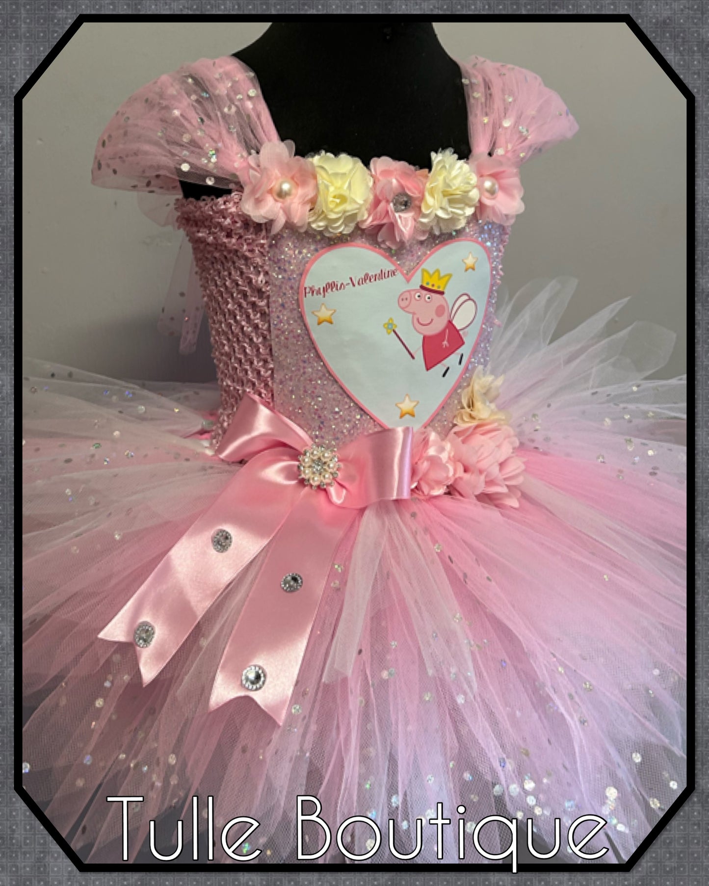Girls Floral pink/cream Peppa pig birthday party princess tutu dress