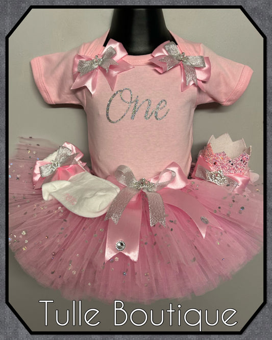 Pink and silver Princess Crown 1st birthday party tutu outfit