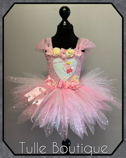 Girls Floral pink/cream Peppa pig birthday party princess tutu dress